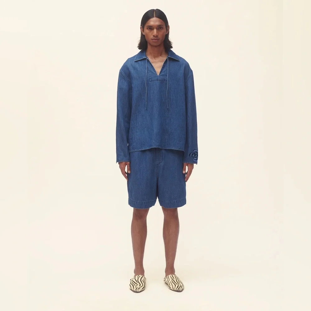 NEW COMMAS denim cotton and hemp tie front shirt Australian brand